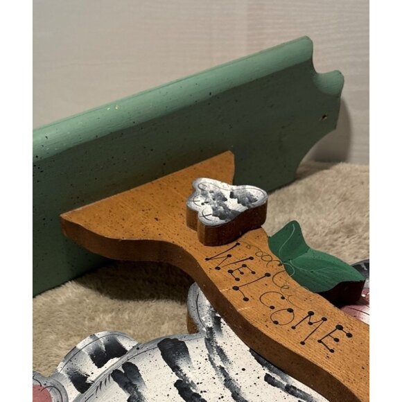 Wooden Cat Welcome Sign Tree Limb Bird Tole Paint Vintage 18" So Cute - Picture 4 of 9